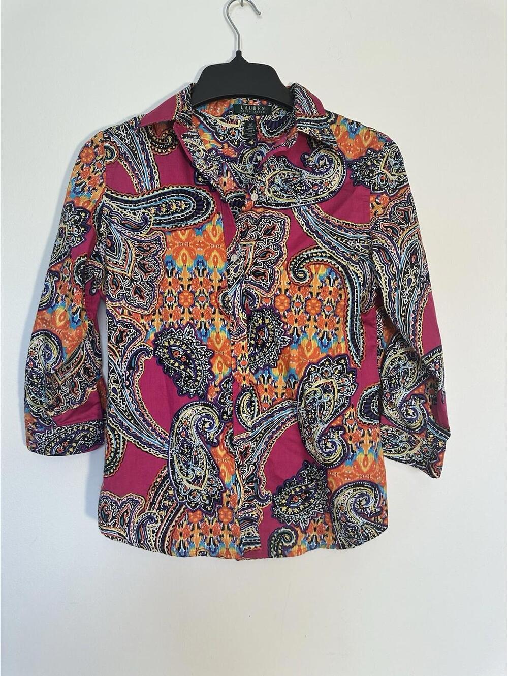 Lauren Ralph Lauren Shirt Women Medium Pink Orange Big Paisley Cotton Shirt